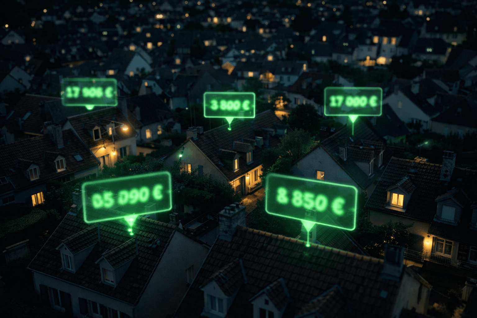 Vue aérienne nocturne d'une ville avec données de prix immobiliers DVF superposées