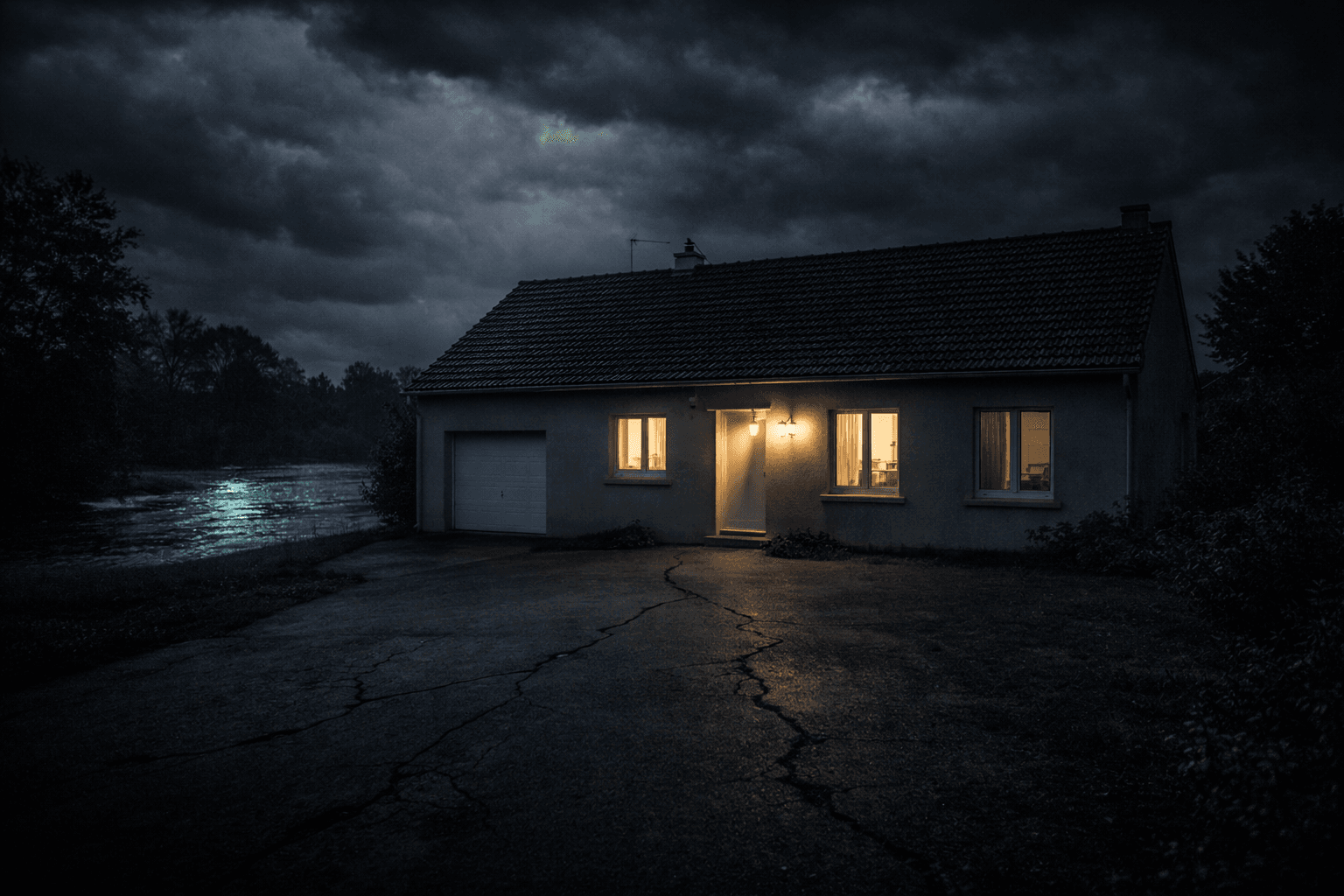 Maison exposée aux risques naturels : inondation, fissures de sol et ciel d'orage