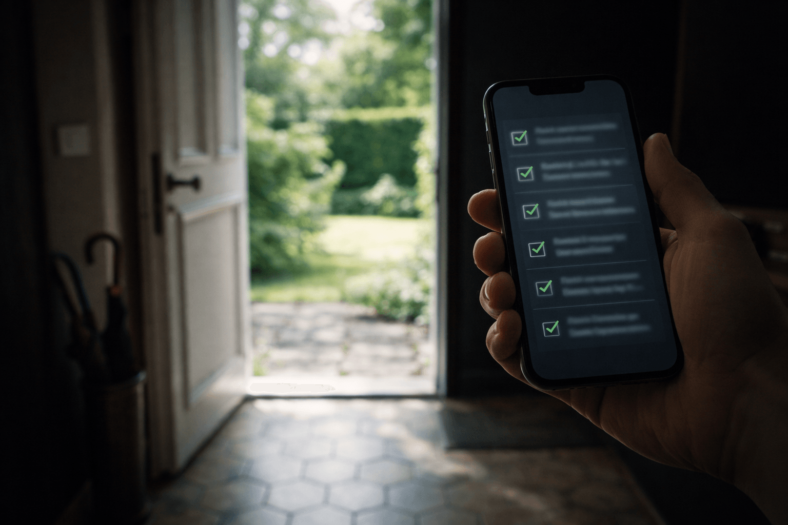 Smartphone affichant une checklist de visite immobilière devant la porte d'un bien