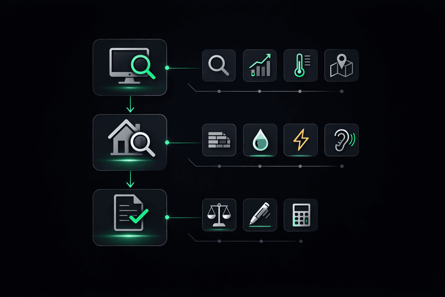 Infographie des 3 phases de visite immobilière : préparation, inspection sur place, bilan
