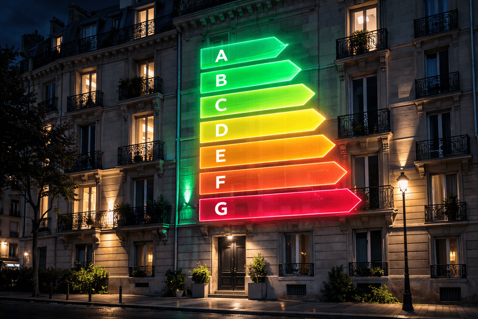 Étiquette DPE énergie projetée sur la façade d'un immeuble français de nuit