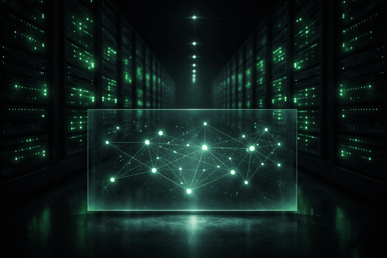 Infrastructure de données ImmoLeaks : serveurs et écran holographique de flux d'analyse